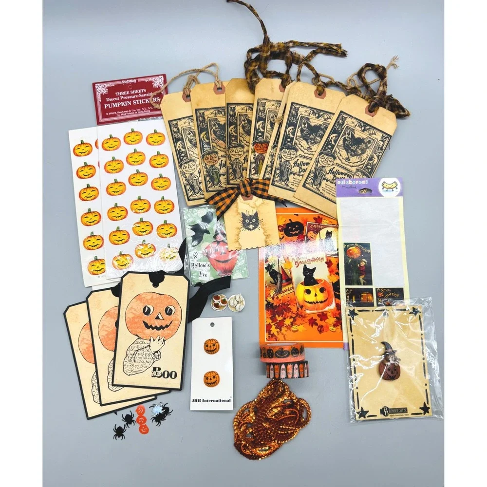 Vintage Halloween Ephemera Craft Lot Orange Black Stickers Tags Washi Tape